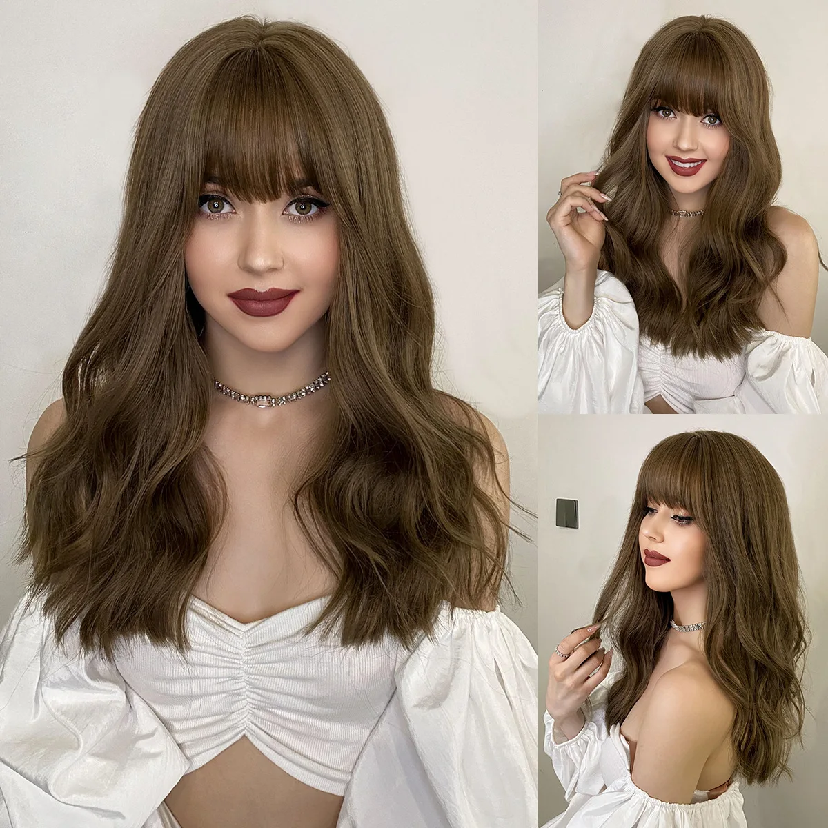 

female wigs with straight bangs, long curls, blue brown large waves, high-temperature silk, and full head sets