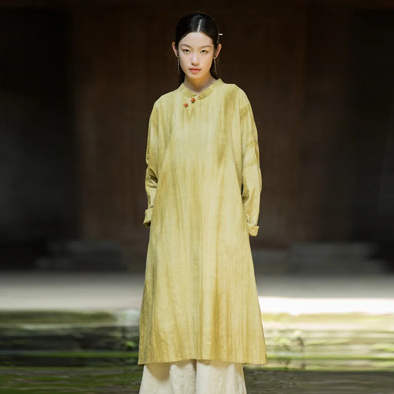 

Autumn Hand-Dyed Loose Qipao Dress with Stand Collar