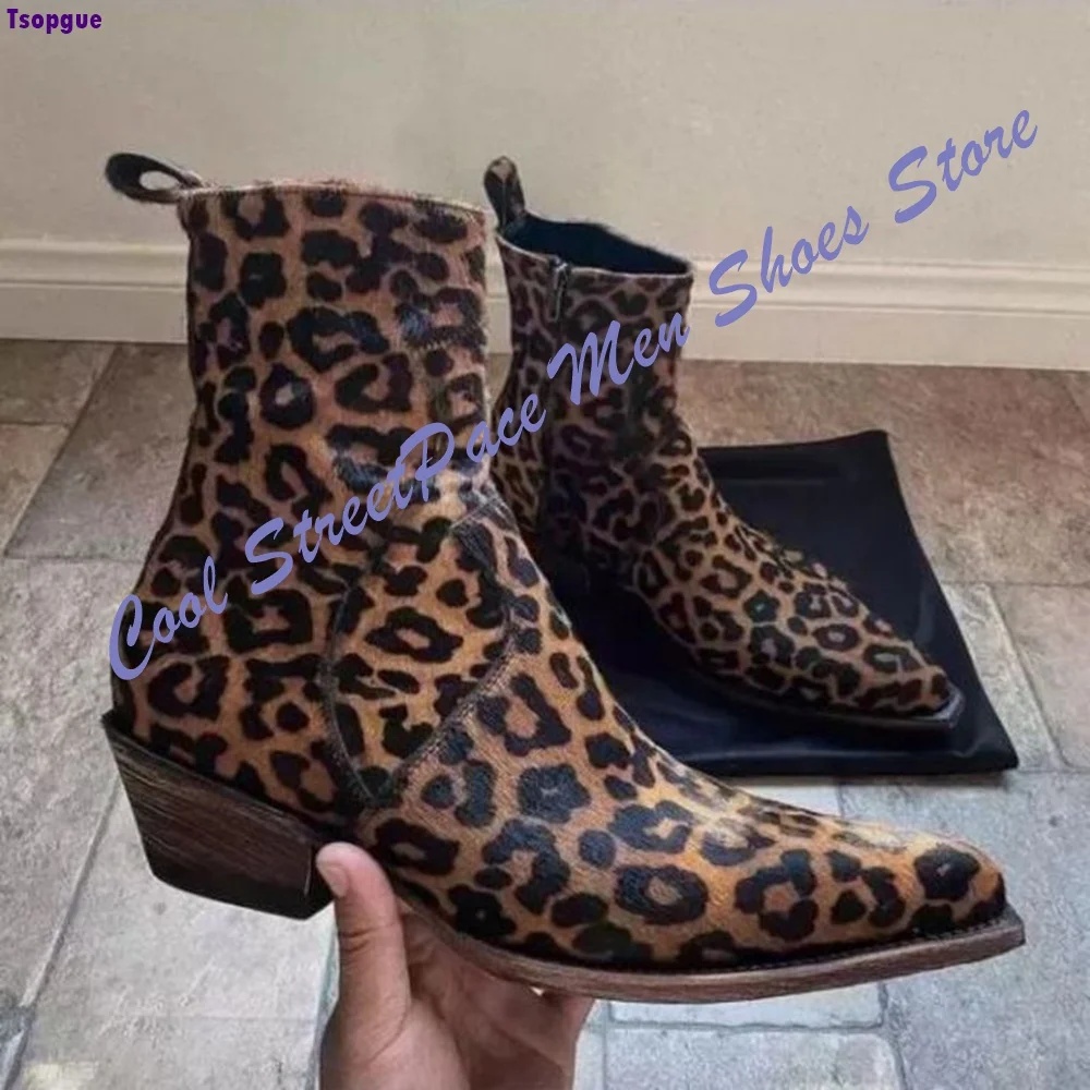 Men Leopard Print Western Cowboy Ankle Boots Pointed Toe Side Zipper Block Heel Vintage Chelsea Short Boots Street Footwear