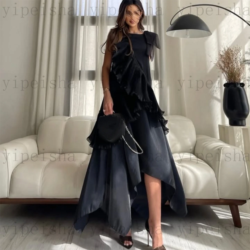 Customized O-Neck asymmetric Evening Dresses Ruffles Draped Ankle-Length Sleeveless Long Prom Gown Sinple Birthday party dress image 3