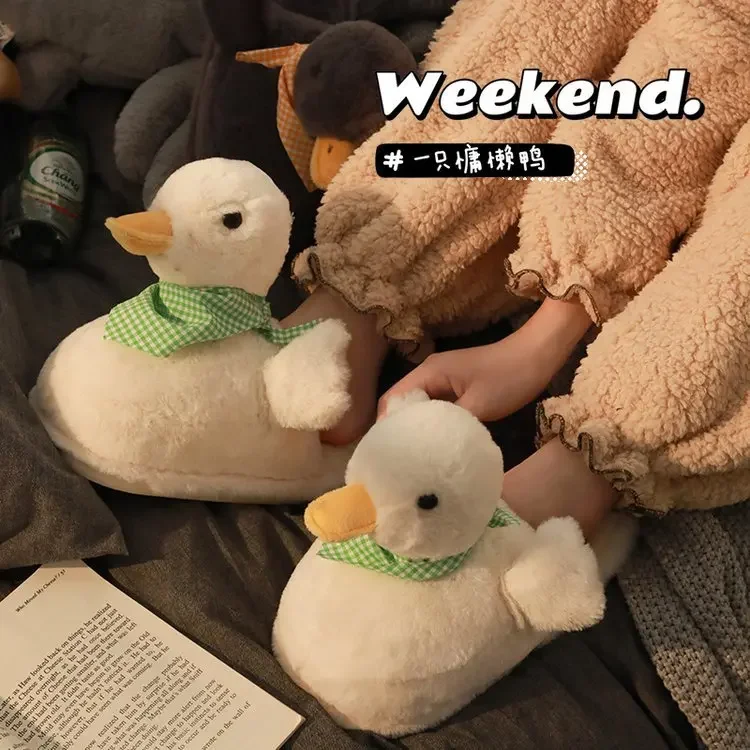 Duck Plush Cotton Slippers Women Cute  Winter Cartoon Home Non-slip Floor Fur Slippers Home Confinement Shoes Chaussure Femme