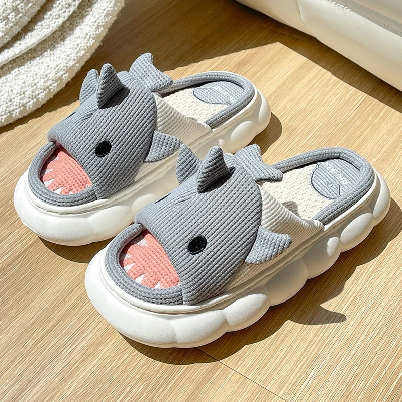 Women Linen Slippers Cartoon Shark Four Seasons Home Indoor Shoes Couple Non-slip Thick Sole Bedroom Flax Slipper Men Footwear