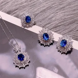 New Luxury High-end Sapphire Zircon Three Piece Set Women's Jewelry Set Earrings Necklace Ring Elegant Ball Accessories