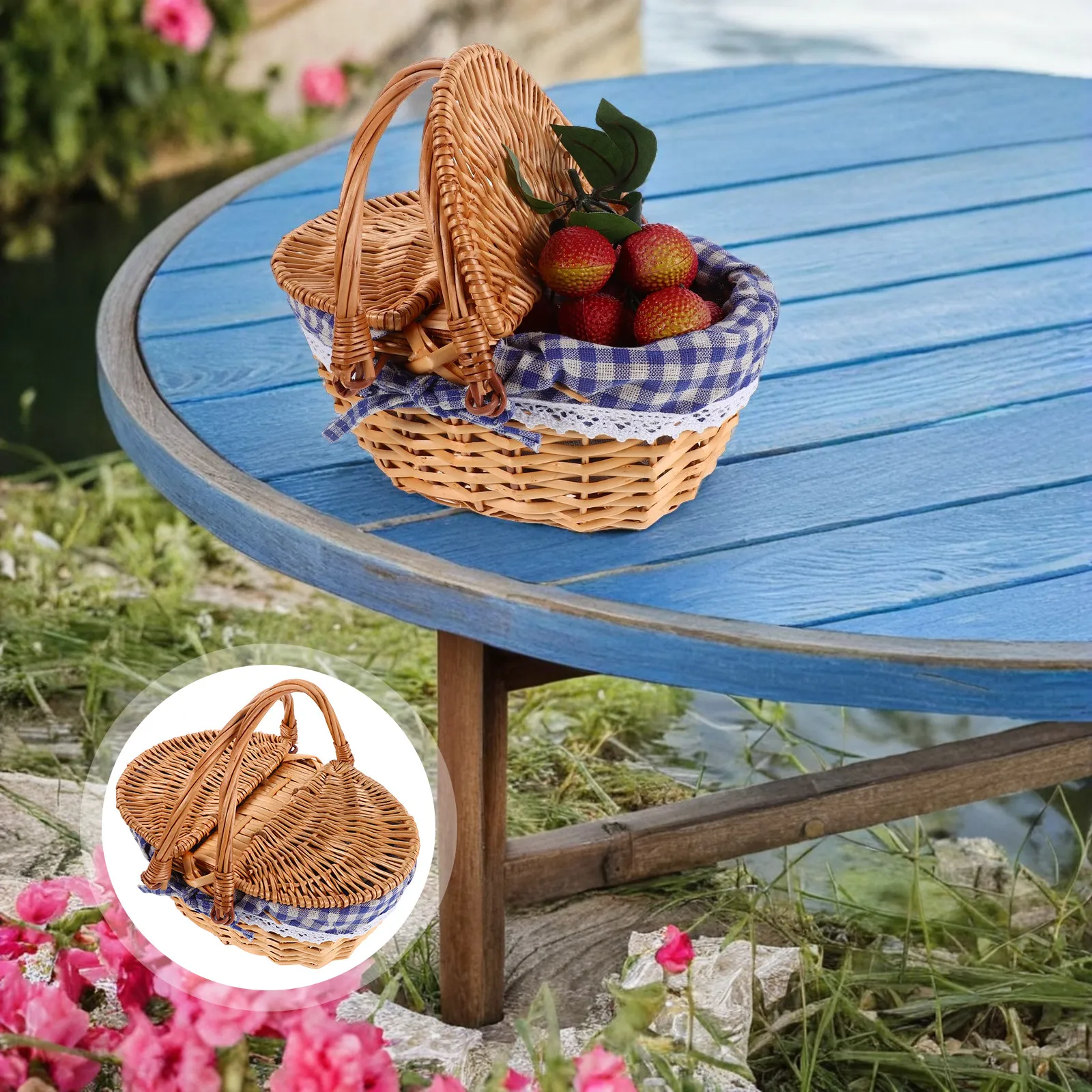 

Handwoven Kids Picnic Basket Lightweight Portable Rattan Hamper Double Handle Small Wicker Tote for Strawberry Picking Family