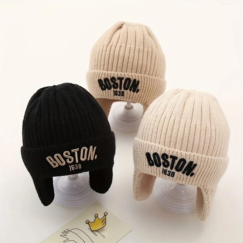 

Сплошная цветная детская шапка с буквенным принтом, зимняя теплая вязаная шапка для девочек и мальчиков, винтажная вышитая шапочка BOSTON для малышей, вязаный крючком