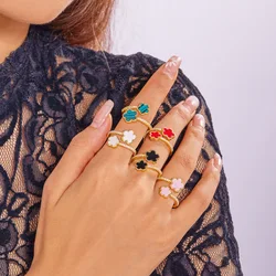 Hot Sale Fashion Lucky Five-Petal Flower Five-Leaf Clover Colored Floral lOpen Mouth Zircon Rings For Women Party Jewelry GIft