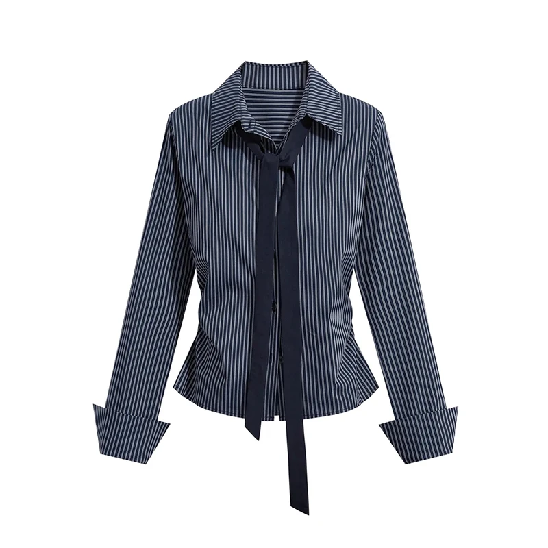 Vintage Preppy Striped Shirts Women Spring Autumn Long Sleeve Tie Hottie Blouse Female Retro Slim Fit Student Navy Blue Tops New