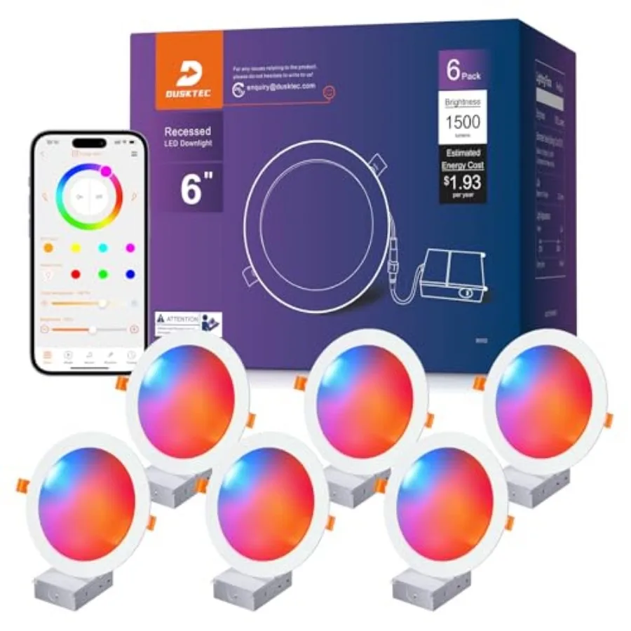 

Умный встраиваемый светильник 6 дюймов RGBCW LED, совместимый с Alexa, Siri, Google Assistant, с регулировкой яркости, 16 Вт, 1500 лм