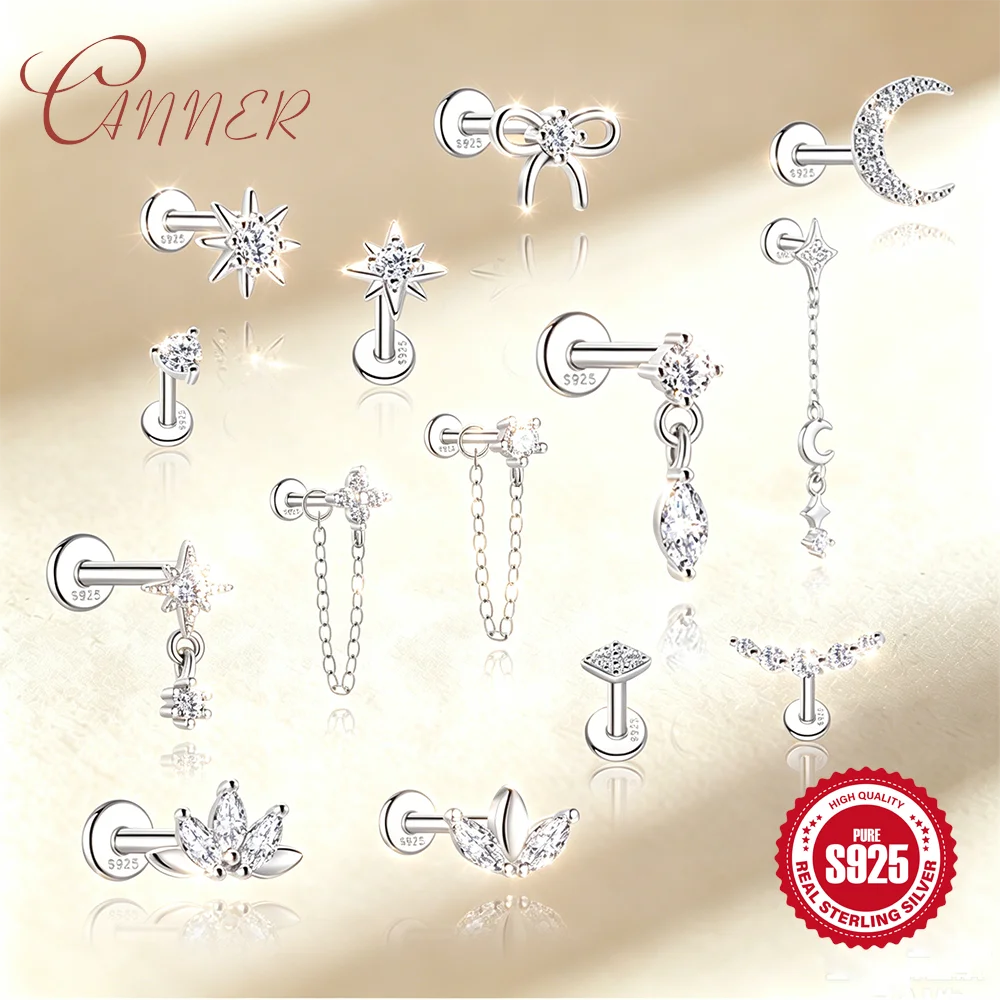 CANNER 925 Sterling Silber Knorpelpiercing-Ohrstecker Stern Mond Hängeohrringe mit flacher Rückseite für Damen Helix Moissanit Schmuck Geschenk