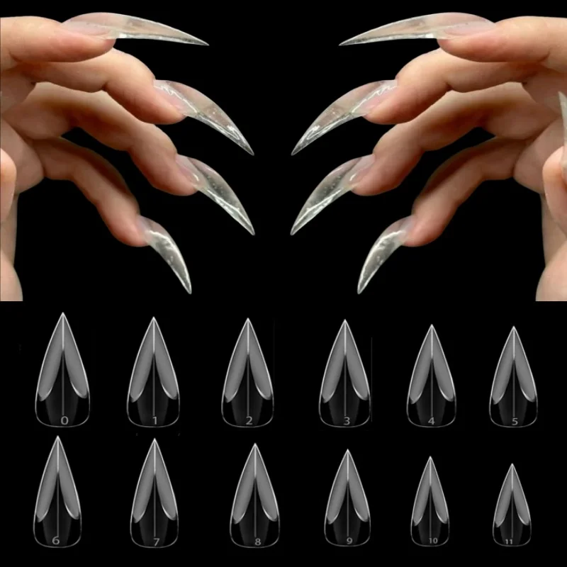 120Pcs Transparent Eagle Claw Nail Tips 3D Curved Stiletto Full Cover Extension False Nail Tips UV Gel Nail Dual Form Hawk Mold