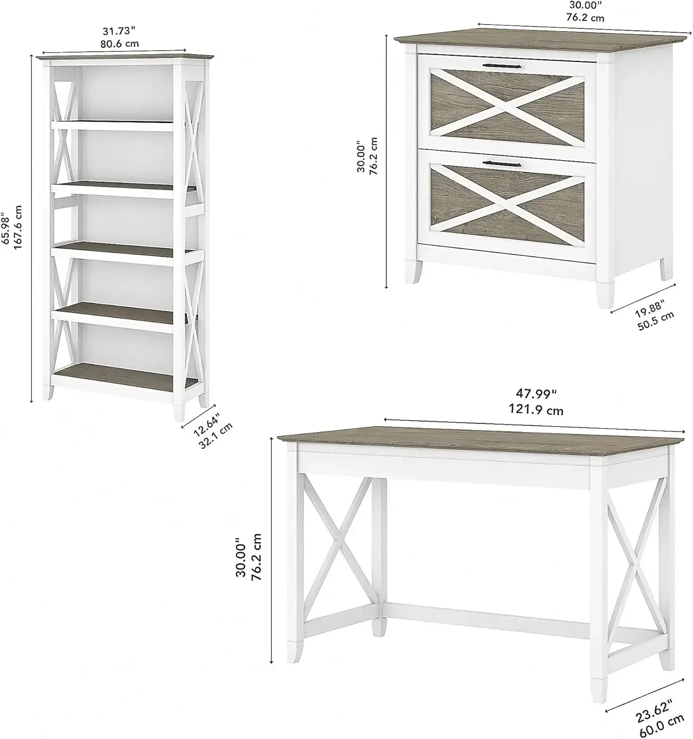 [أفضل بائع! ]مكتب كتابة غربي بقدرة 48 وات مع خزانة ملفات جانبية ذات درجين و5 أرفف وخزانة كتب باللون الأبيض النقي والرمادي الداكن