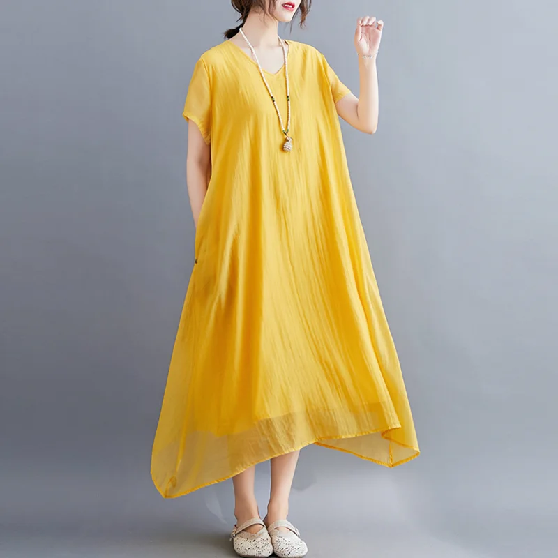 

2025 Summer Silk Long Dress Women Casual Loose Short Sleeve V-neck Maxi Dress Black White