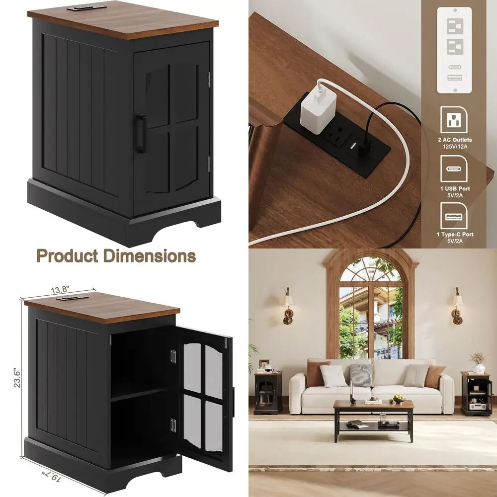

Charging Station Farmhouse Side Table, Adjustable Shelf Nightstand, Glass Door Cabinet for Living & Bedroom