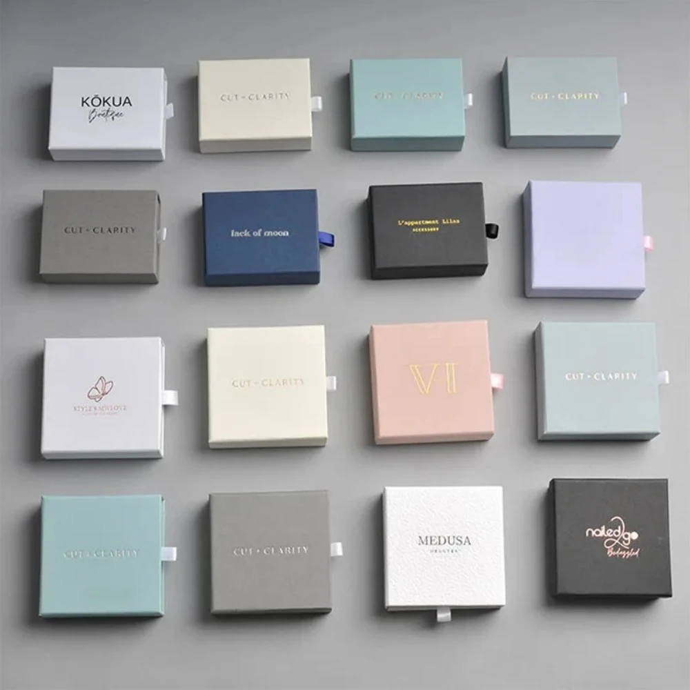 50Pcs Custom White Paper Jewelry Boxes, Small Jewelry Packaging Drawer Box, Jewelry Pouch Gift Bag with Logo or Name for Wedding