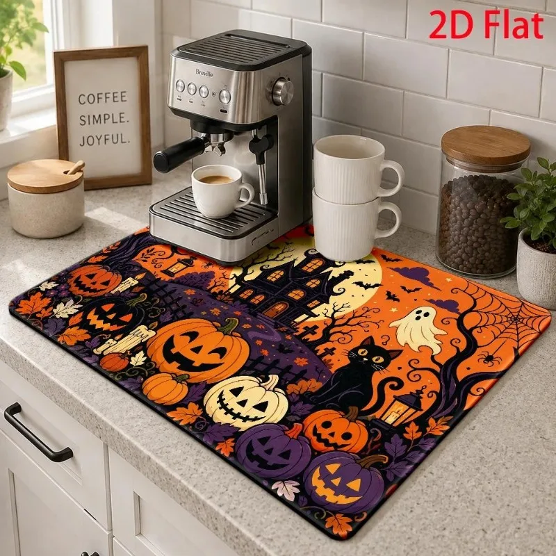 Dish Drying Mat 2D Flat Halloween Haunted Castle Pad Super Absorbent Black Cat Pumpkin Witch Kitchen Countertop Carpet