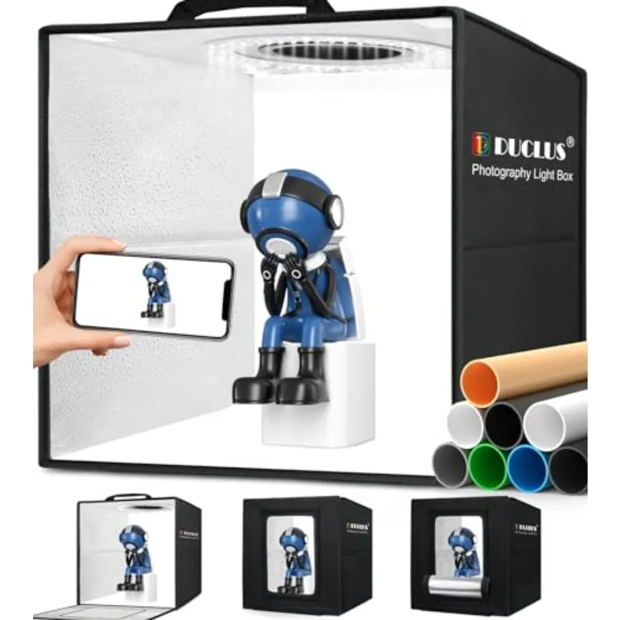 

Light Box Photography 12"x12" Photo Booth Box with 120 LED Lights Dimmable and CRI＞95 Portable Lightbox with 8 Backdrops for Mi
