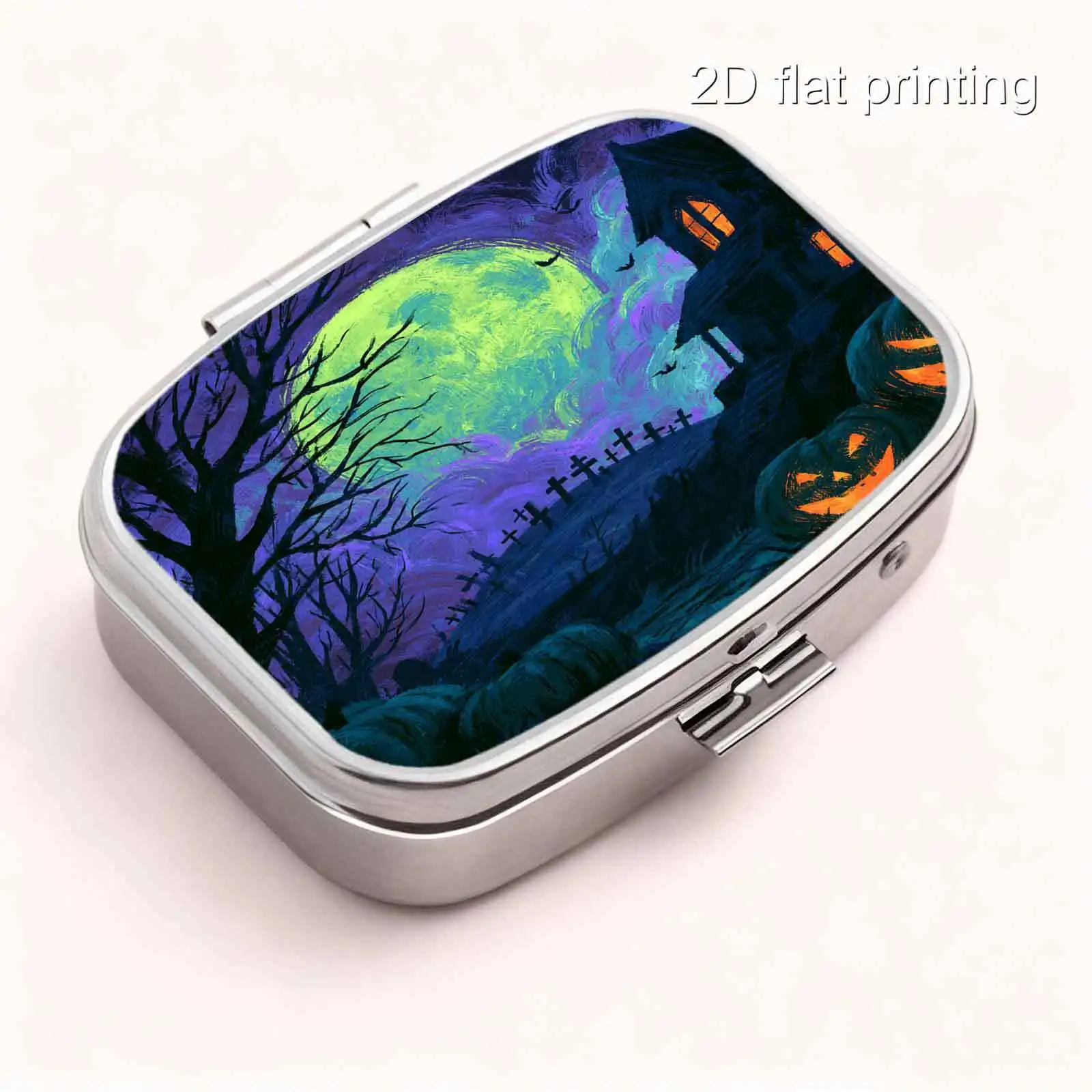 1Pc Flat Printing Pill Box, Portable Metal Material, Halloween Green Moonlit Tree, Pumpkin, Haunted House Square Pattern, Cool-Toned Dark Fantasy Square Style Design - Portable Small Pill Box - Mini Pill Box - Capsule Box - Regular Medication - Pills and Capsules - Easy Storage - Compartmentalized Storage - Compact Particle Storage - Suitable for Business Trips - Suitable for Long-Distance Travel - Lightweight and Convenient to Carry - Easy to Carry with You