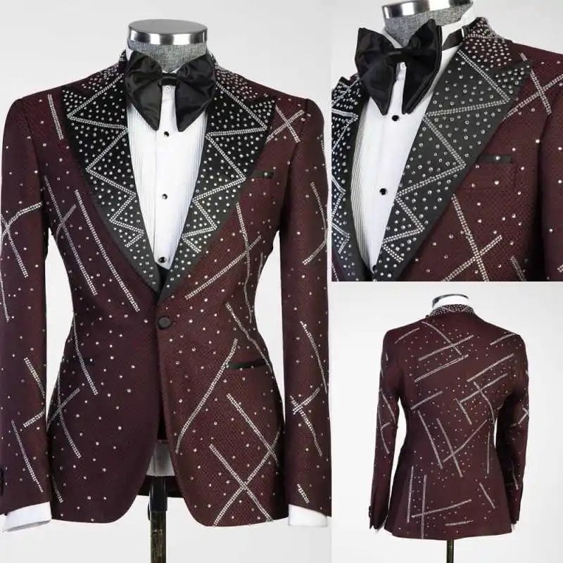 

Luxurious Beaded Men Suits Peaked Lapel One Button Jacket Sets Classic Fit Prom Male Party 2 Pieces Customized