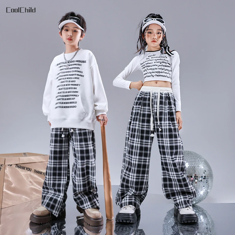 Boys Hip Hop Letters Sweatshirt Plaid Pants Girls Crop Top Sweatpants Children Street Dance Clothes Set Kids Jazz Streetwear