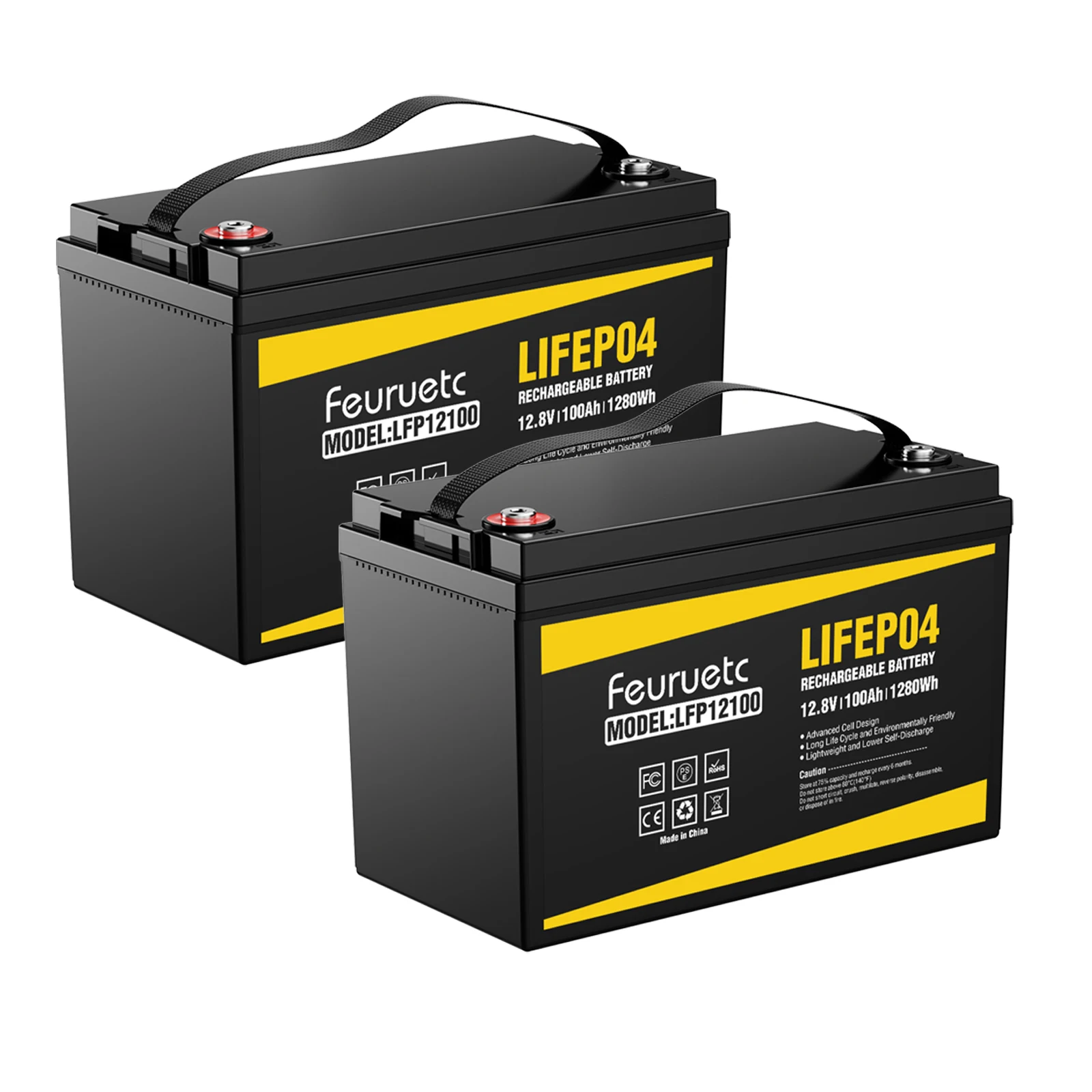 Feuruetc 12V 100Ah LiFePO4 Battery, Deep Cycle Battery with 100A BMS, Up to 15000 Deep Cycles Battery for RV, Solar(2 PCS)