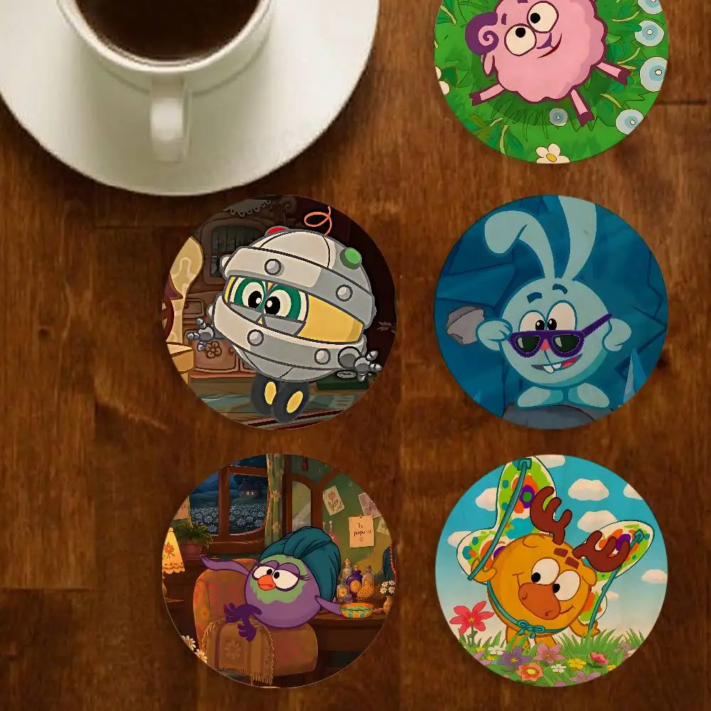 Cartoon S-Smeshariki Round Wooden Coasters For Suitable for Drinks Tea Coffee Home Gift Choice Holiday