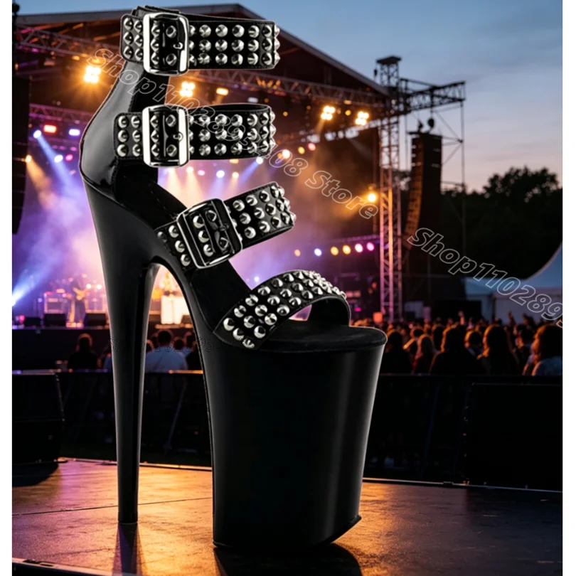 Black Rivet Decor Square Buckle Sandals Open Toe Platform Stiletto New Stylish Summer Women Dancing Sandals Zapatos Para Mujere