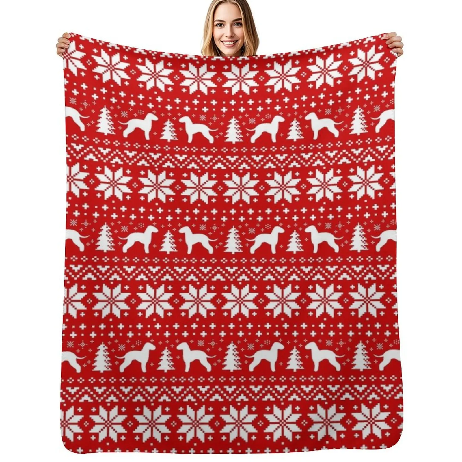 

Bedlington Terrier Silhouettes Red and White Christmas Holiday Pattern Throw Blanket Easy Care Comfortable Blanket for Couch