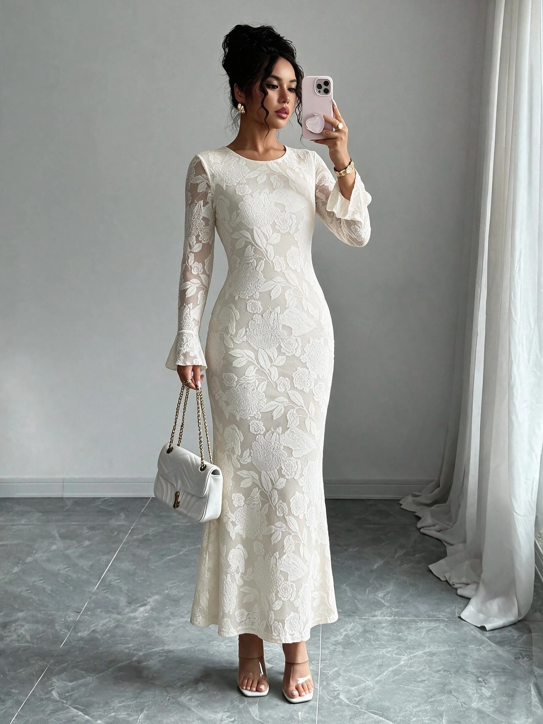 Damen Mesh Langarm Blumenmuster Maxikleid mit ausgestellten Ärmeln, figurbetontes Meerjungfrauenkleid, elegantes Abendkleid für Party und Clubwear. – Detail 7