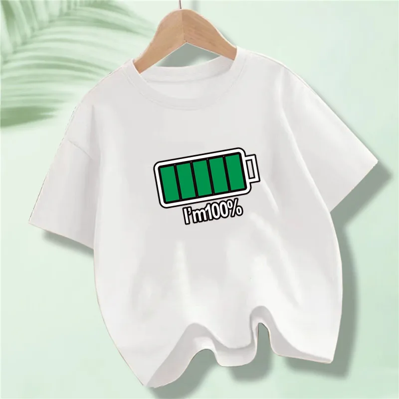 Battery Energy Low Help Me Printed T-Shirt For Boys Harajuku Funny T Shirt Kids Cotton Summer Tops Tee