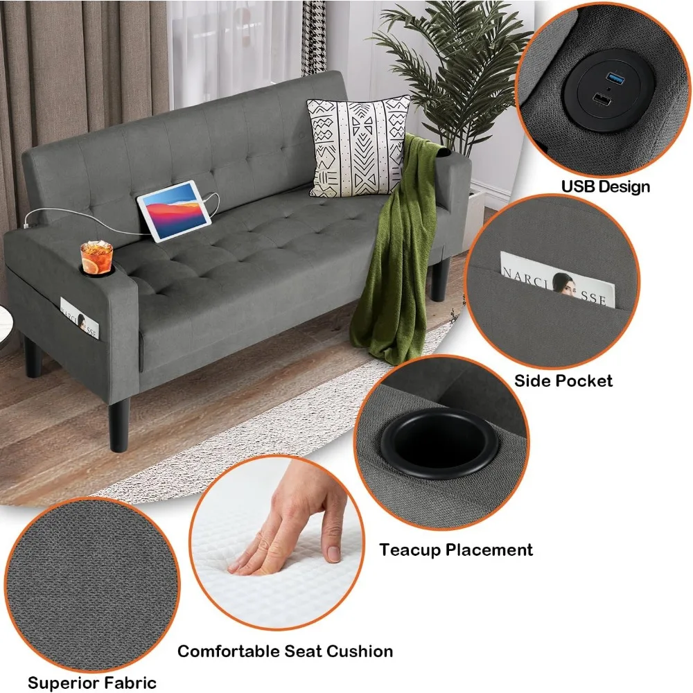 Modern Tufted Linen Fabric Loveseat Couch with USB Ports, Cup Holders, Side Pockets, and Contemporary Style