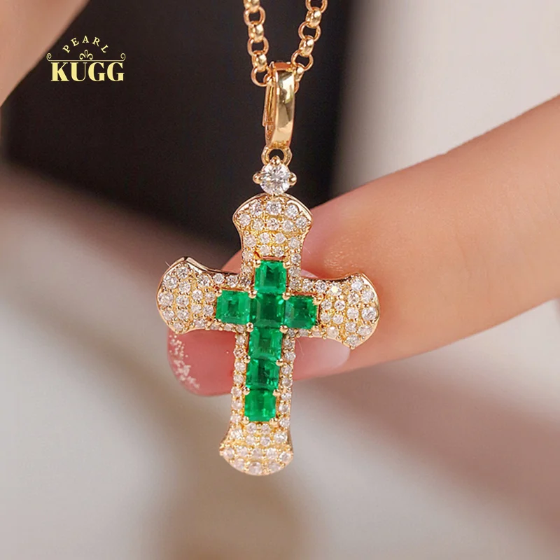 

KUGG 18K Yellow Gold Necklace Vintage Cross Pendant Real Natural Emerald Luxury Diamond Gemstone Necklace for Women Wedding