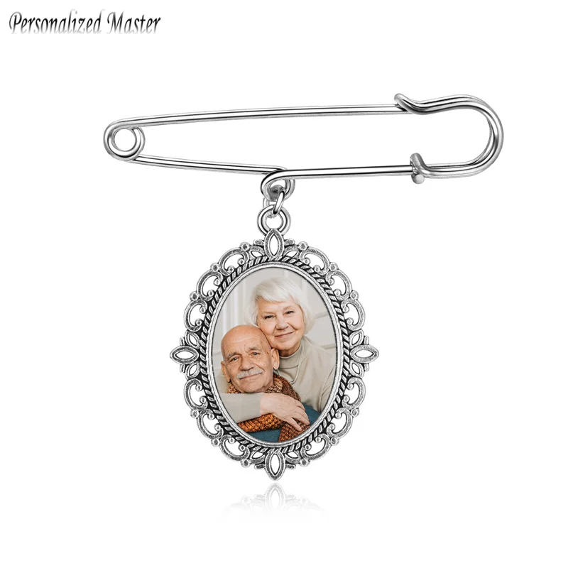 Personalized Master New Wedding Bouquet Photo Charm Pin Brooch Picture Custom Memorial Boutonniere Oval Bridal Gift for Mother