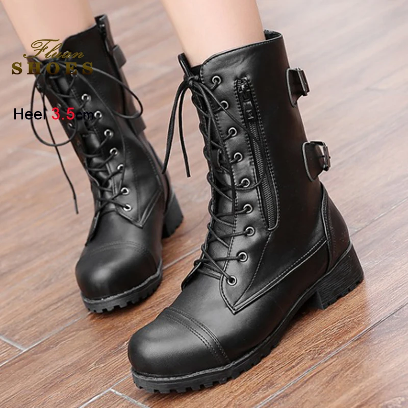 

2025 Autumn Winter Women's Knight Boots Lace Up Round-toe Ankle Boots Belt Buckle Side Zipper Ladies Boots Casual Leather Shoes