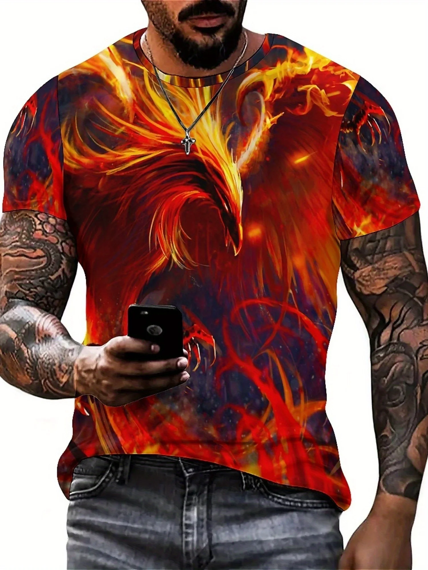 Camiseta masculina com estampa 3D "Burning Phoenix" – manga curta, design de chama vermelha e laranja, poliéster de alta qualidade
