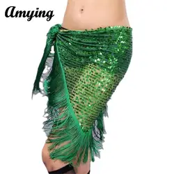 Belly Dance Hip Scarf Skirt Women Sequins Tassel Hip Scarf Ladies Wrap Hip Skirt Indian Dance Female Shiny Waist Scarf Skirt