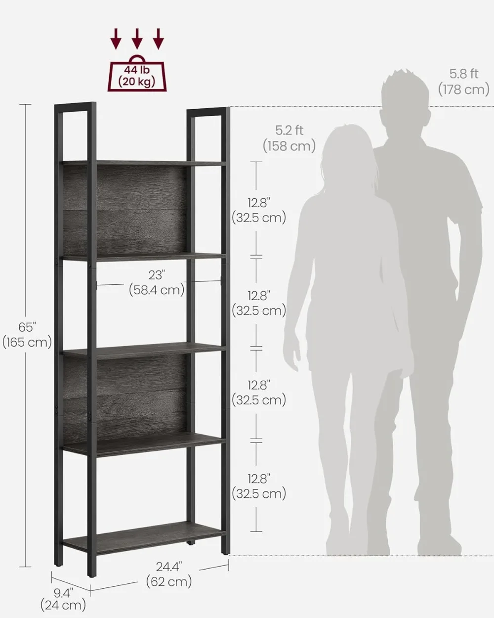 5-Tier Industrial Bookshelf with Steel Frame, 9.4x24.4x65 Inches, Charcoal Gray for Living Room Office