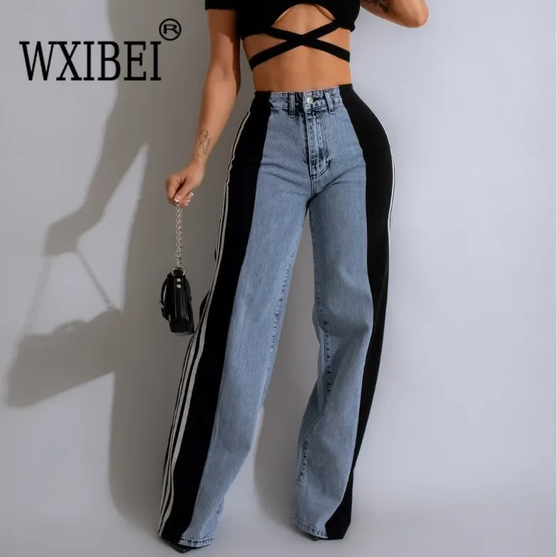 WXIBEI Casual Women Striped Denim Pants Buttons Pockets Long Loose Three Stripes Jeans High Street Outdoor Denim Capris Trousers