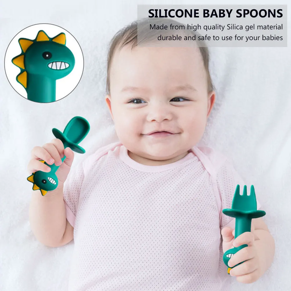 

1Set Silicone Spoon and Fork Set for Babies Toddler Utensils Safe Bpa-Free Easy-Clean Short Handle Kid Tableware Wear-Resistant