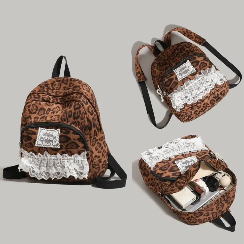 حقيبة ظهر نسائية من الدانتيل على شكل الفهد من Hot Girl حقيبة ظهر كلاسيكية ذات سعة كبيرة للسيدات Harajuku Y2k جماليات خفيفة الوزن Mochilas Mujer Chic #5