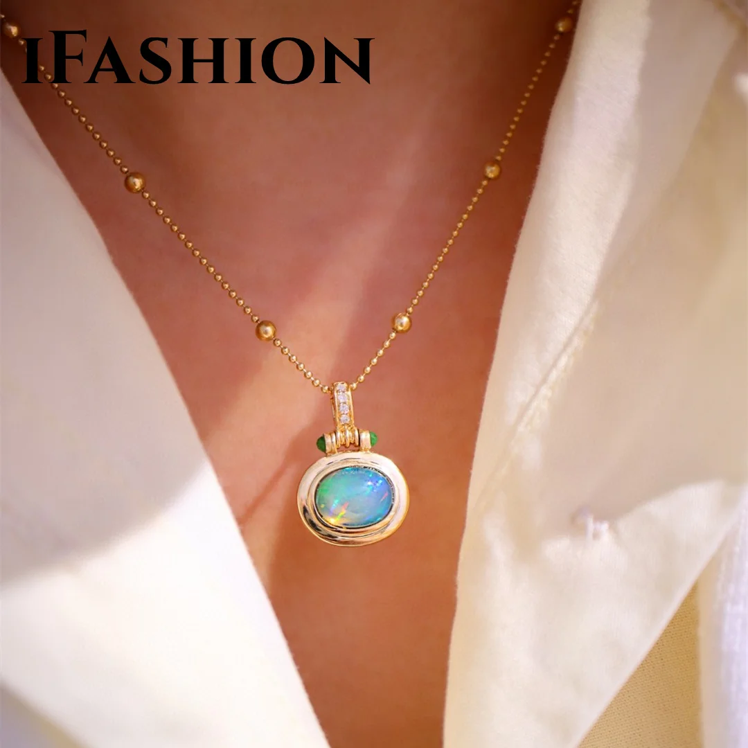 

IFASHION Diamond Opal Emerald Necklace Chain Real 18K Solid Yellow Gold (AU750)Women Fashion Lady Girl Fine Jewelry