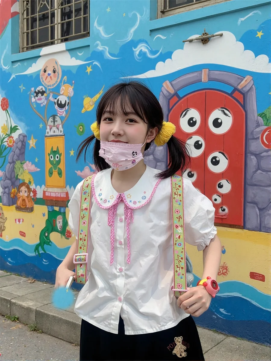 ملابس خارجية نسائية قمصان بيضاء قمصان قصيرة مضيئة نصف كم فانوس طباعة غير رسمية جماليات أزرار أمامية ملابس خروج بقصة ضيقة #3