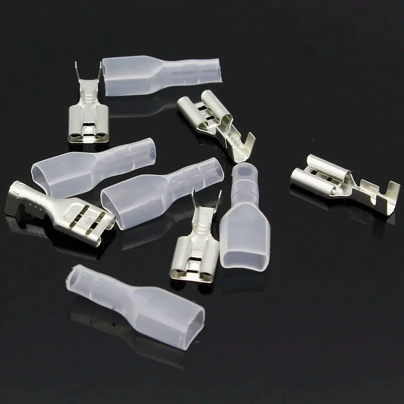 100pcs 6.3mm Quick Splice Female Wire Spade Crimp Terminal Wire Connector with Insulating Sleeve