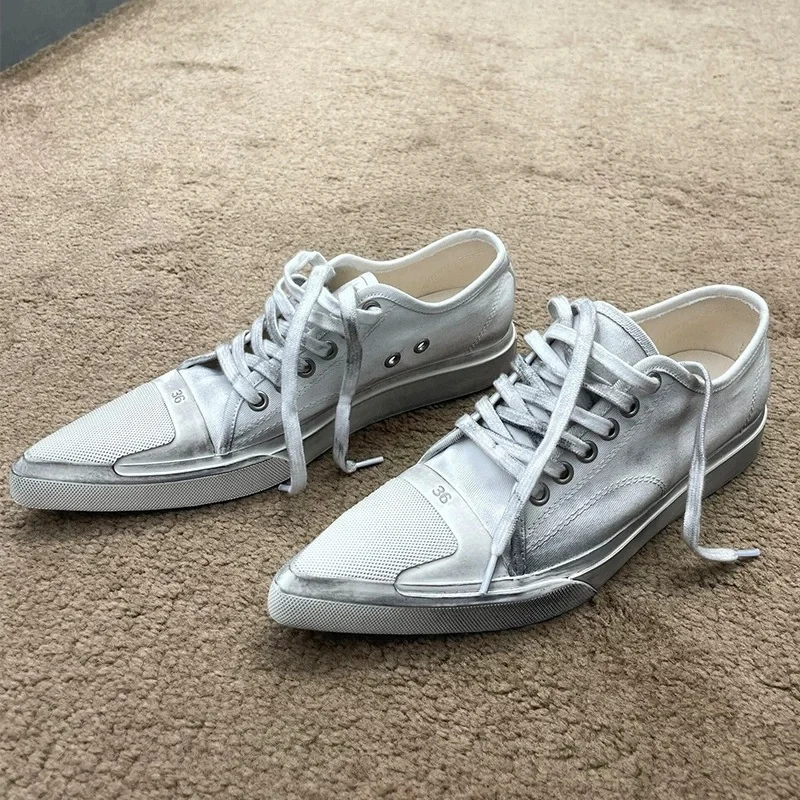 High Top Canvas Shoes for Women 2025 New Spring Vintage Dirty White Shoes Pointed Toe Lace Up Sports and Leisure Board Shoes