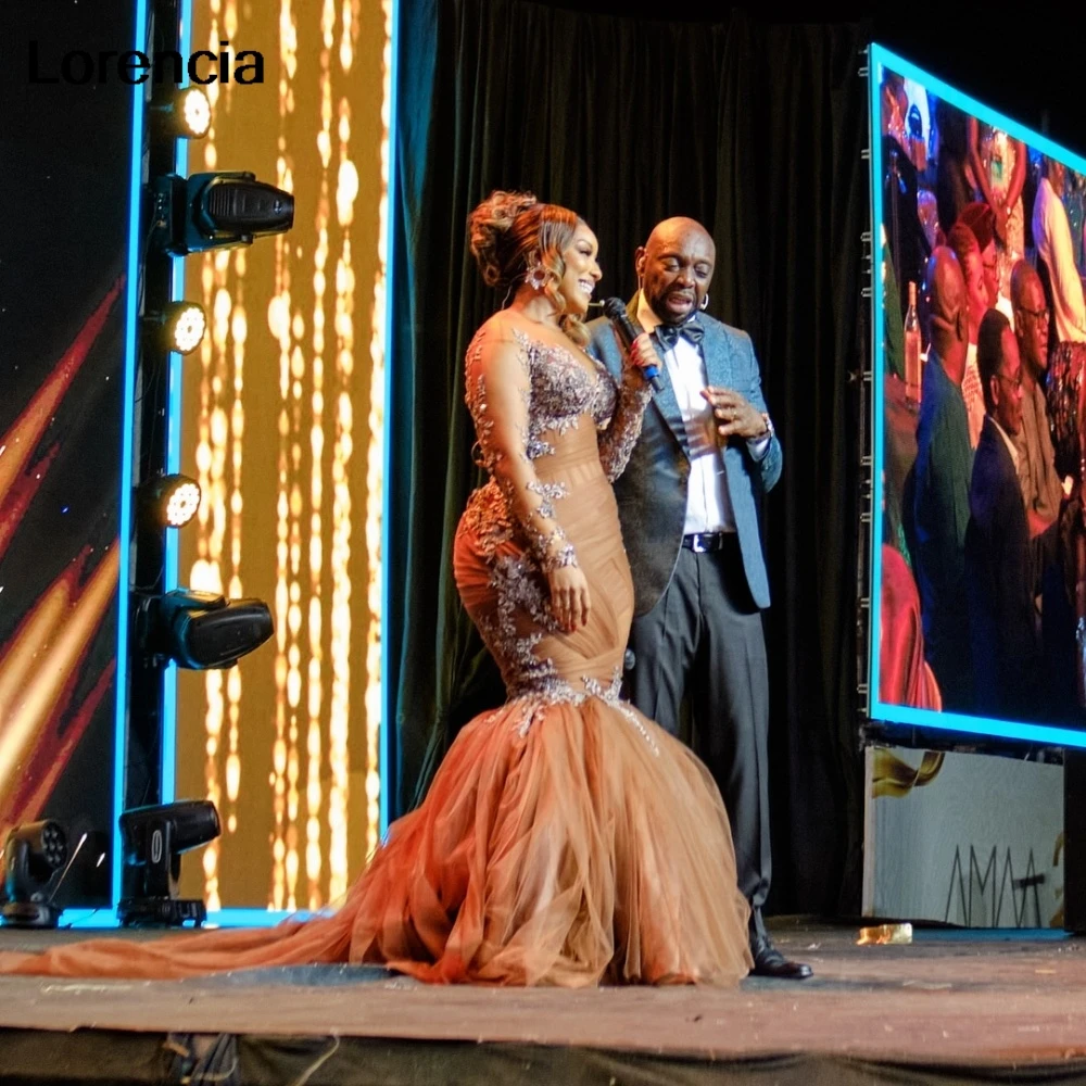 

Customized Sparkly Sexy Brown Lace Women Mermaid Prom Dress Crystal Beaded Tiered Formal Evening Gown Robe De Sorrie YPD300