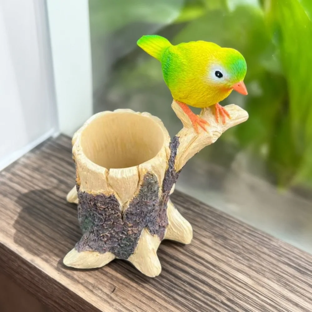 1 Piece Cute Painted Bird Tree Stump Resin Planter Succulent Pot Fairy Garden Desktop Organizer Decorative Ornament
