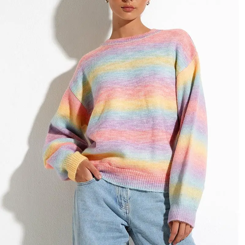 2022 Autumn Winter Rainbow Grandient Sweater Loose O-neck Long Sleeve Pullover Women