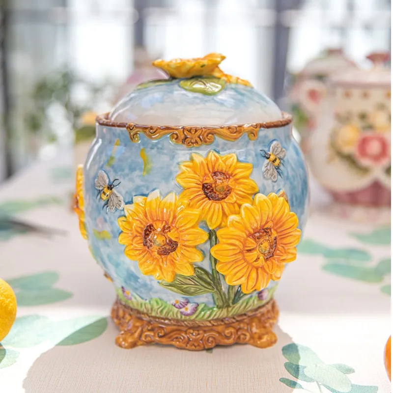 European Style Ceramic Storage Tank Sunflower Relief Candy Jar Multifunctional Tea Caddy Seal With Cover Home Supplies