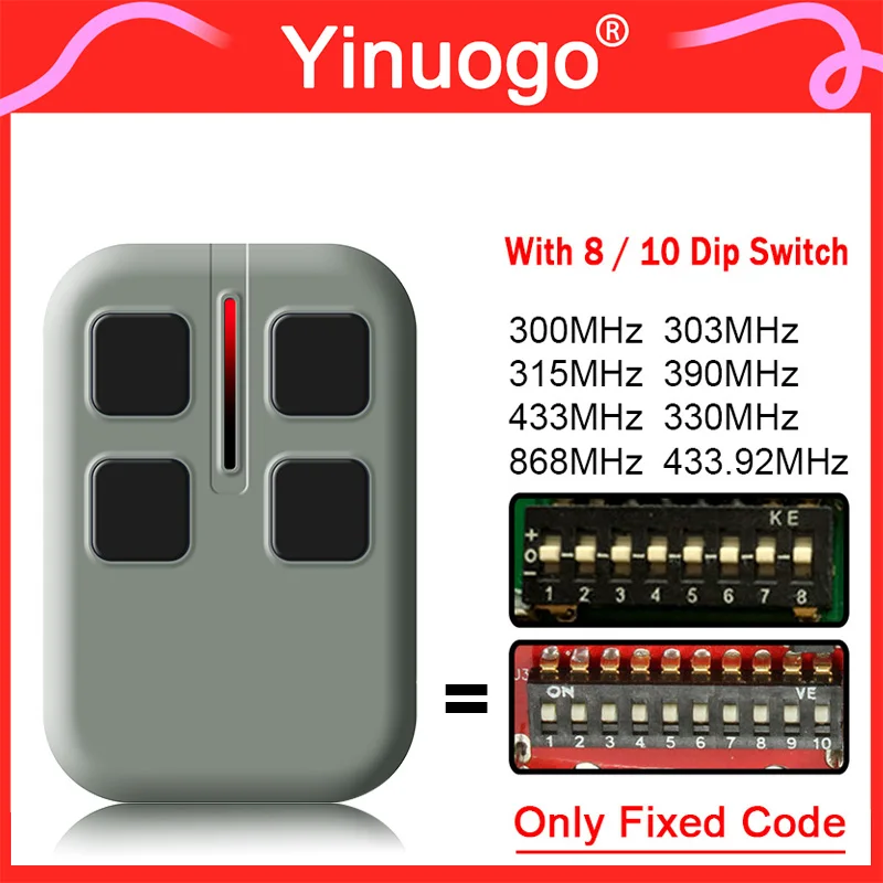 

For Fixed Code 433.92MHz 868MHz 300MHz 303MHz 315MHz 330MHz 433MHz 8 / 10 DIP Switch Garage Door Remote Control Hand Transmitter