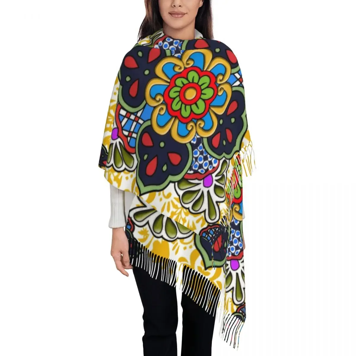 Customized Printed Mexican Talavera Flower Scarf Women Men Winter Fall Warm Scarves Folk Ceramic Tile Art Shawls Wraps