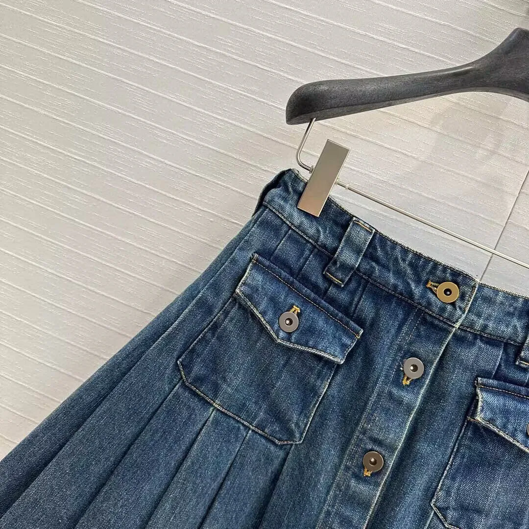 New Spring Fashion Blue Denim Pleated Midi Skirts Womens Single Breasted High Waist Streetwear Big Bottom Loose Sweet Skirt